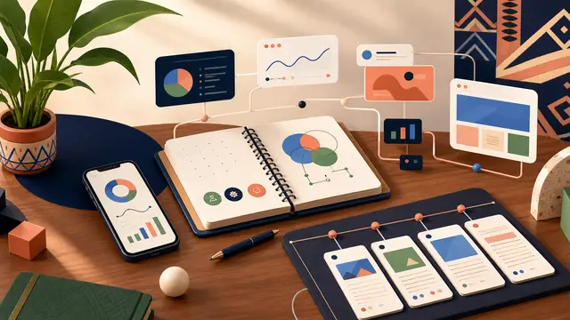 Bureau éditorial avec notes, graphiques et systèmes digitaux